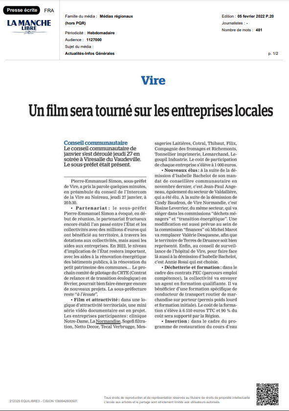 La Manche Libre : » Un film sera tourné sur les entreprises locales»