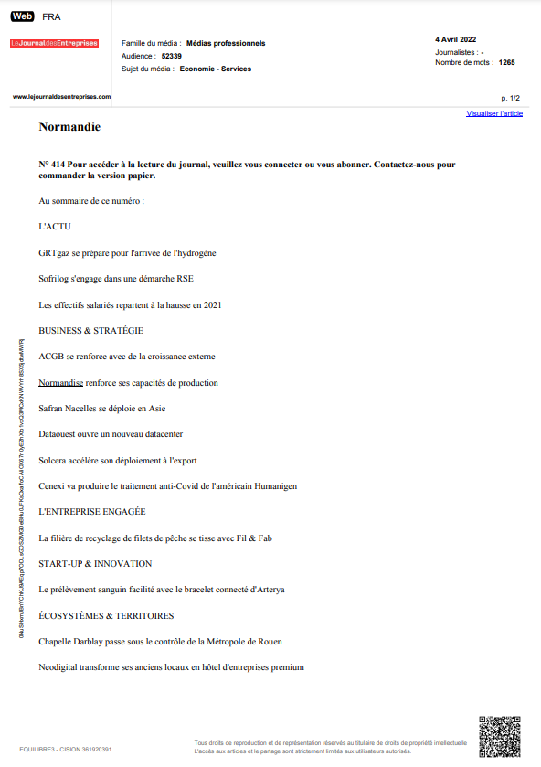 Le journal des entreprises : “Normandise consolide ses capacités de production”