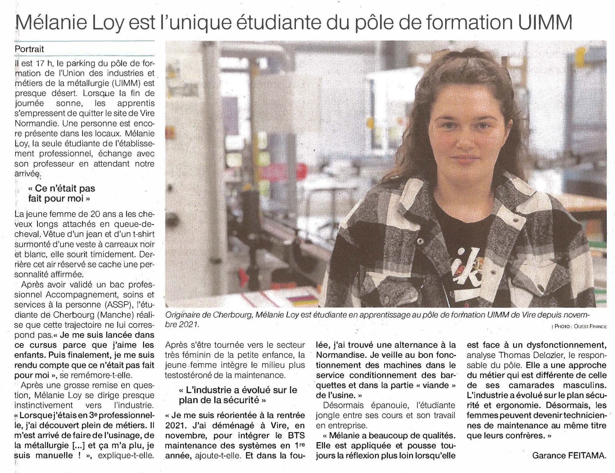 Ouest France : «Mélanie Loy, l’unique étudiante du pôle de formation UIMM»