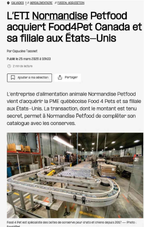 L&rsquo;ETI NORMANDISE Pet Food acquiert Food4Pet Canada et sa filiale aux USA